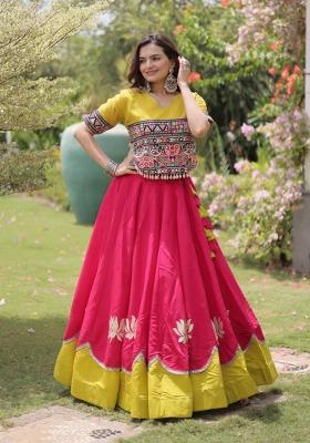 Rani Pink Mirror Work Silk Chaniya Choli Set For Navratri And Garba