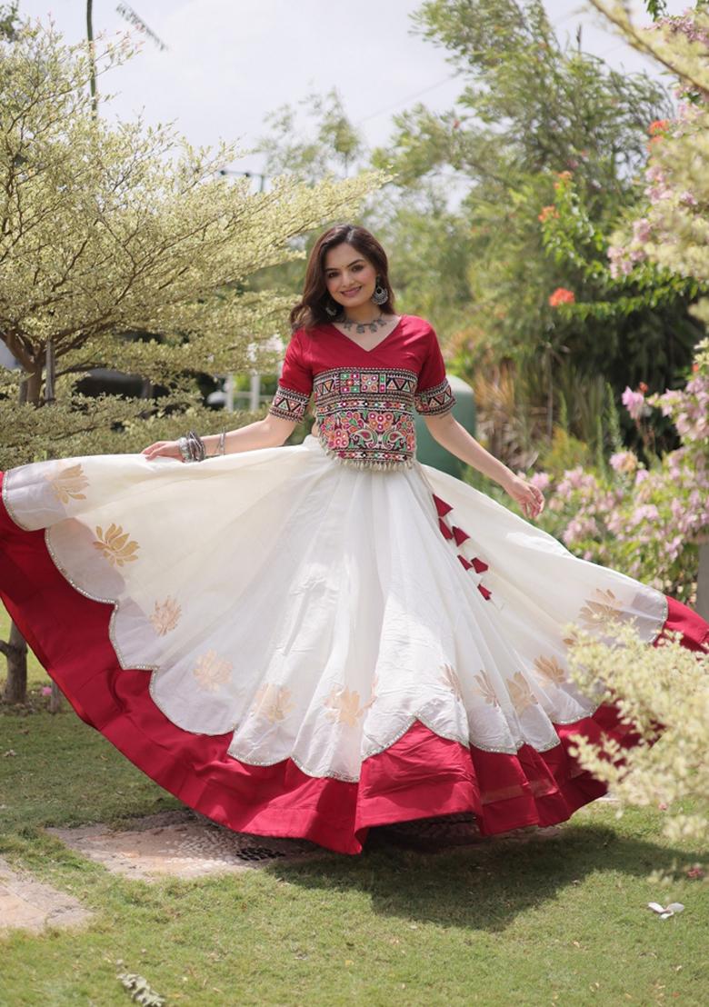 White Mirror Work Silk Chaniya Choli Set For Navratri And Garba - Indya