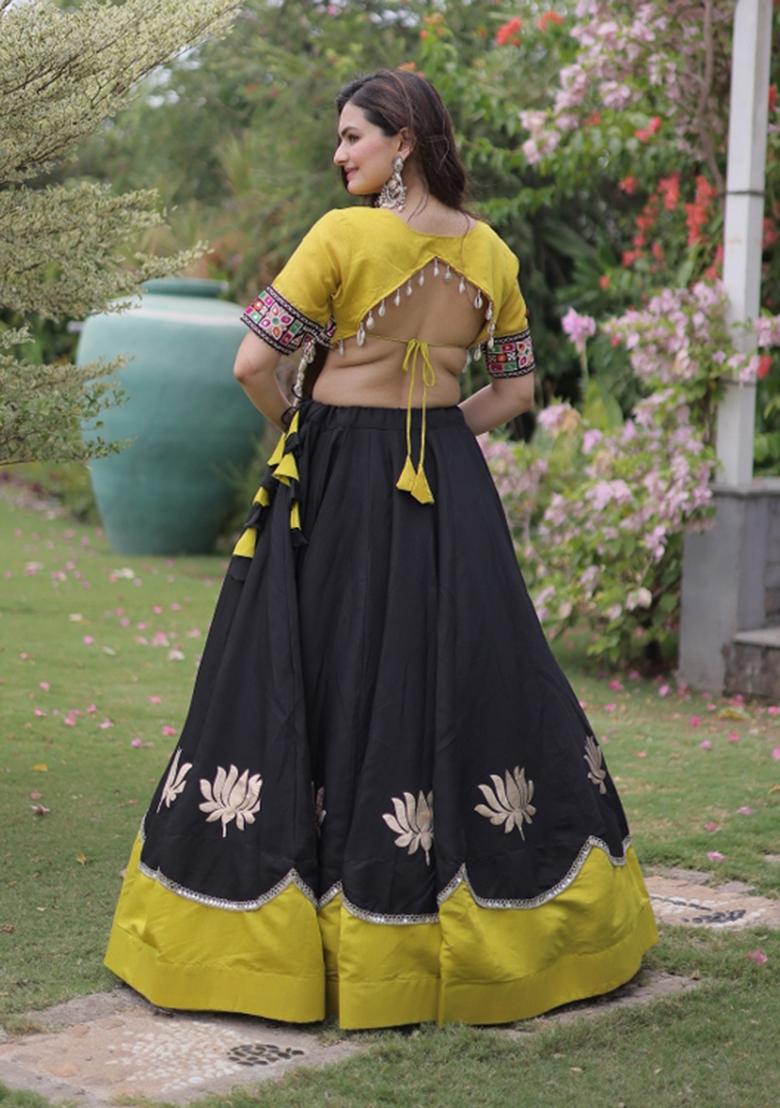Black Mirror Work Silk Chaniya Choli Set For Navratri And Garba - Indya