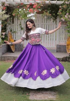 Violet Mirror Work Silk Chaniya Choli Set For Navratri And Garba