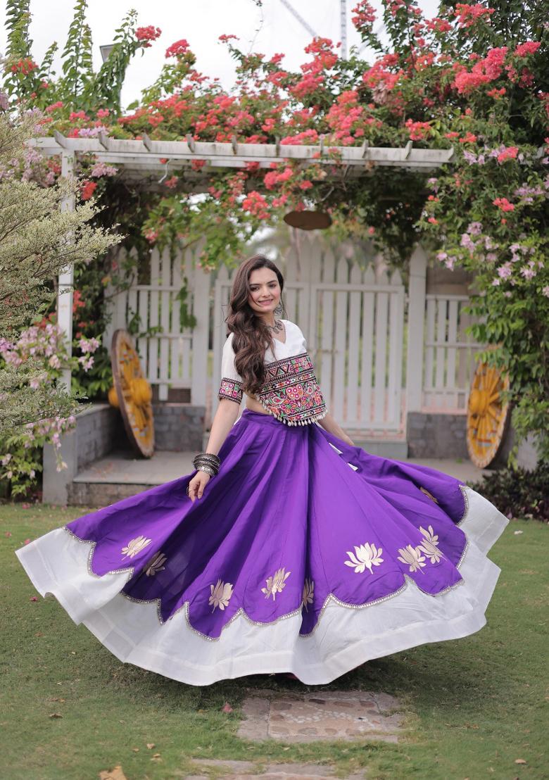 Violet Mirror Work Silk Chaniya Choli Set For Navratri And Garba - Indya