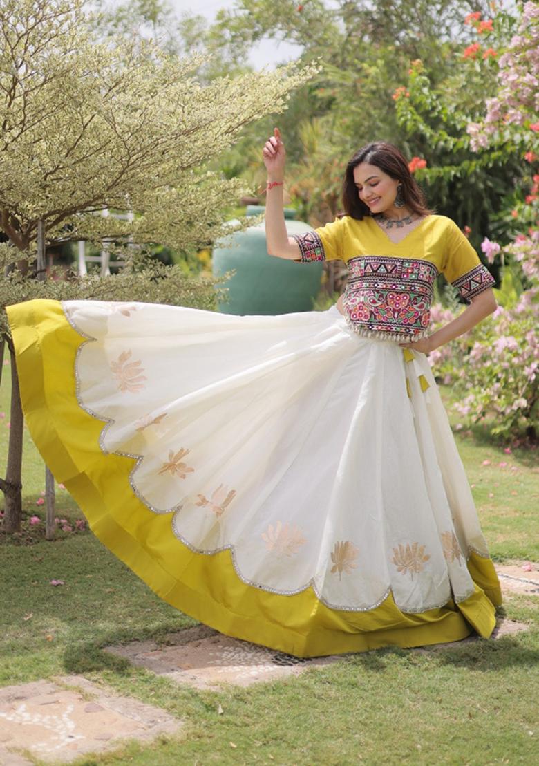 White Mirror Work Silk Chaniya Choli Set For Navratri And Garba - Indya