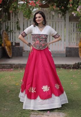 Rani Pink Mirror Work Silk Chaniya Choli Set For Navratri And Garba