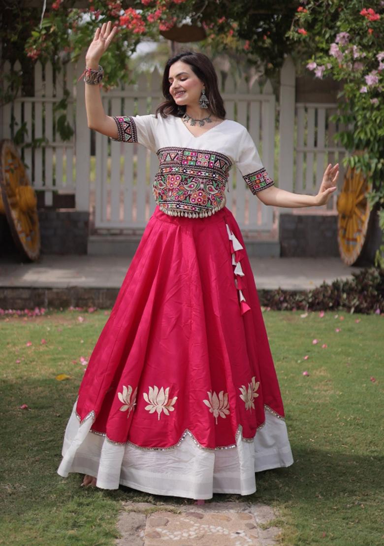 Rani Pink Mirror Work Silk Chaniya Choli Set For Navratri And Garba - Indya