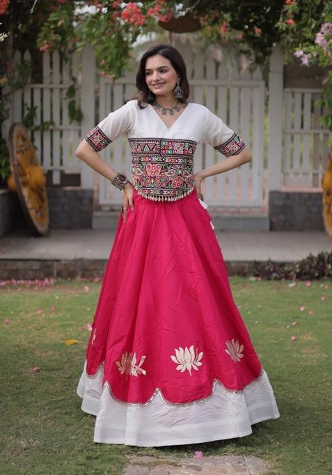 Rani Pink Mirror Work Silk Chaniya Choli Set For Navratri And Garba