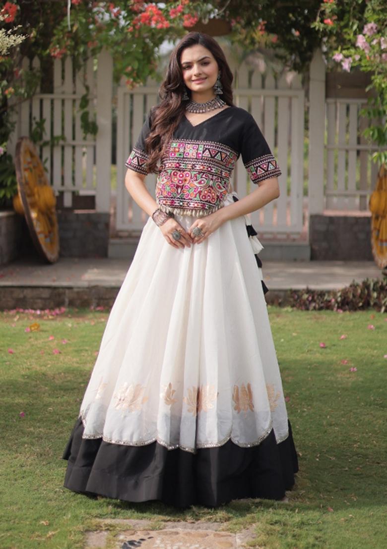 White Mirror Work Silk Chaniya Choli Set For Navratri And Garba - Indya