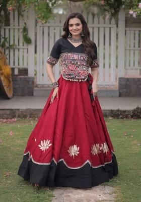 Red Mirror Work Silk Chaniya Choli Set For Navratri And Garba
