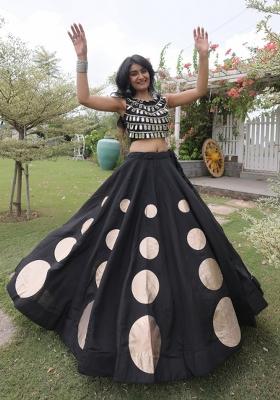 Black Mirror Work Silk Chaniya Choli Set For Navratri And Garba