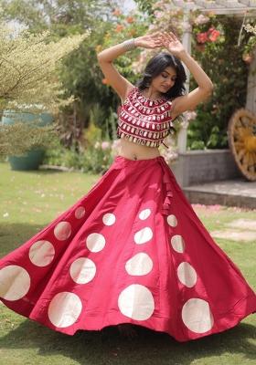 Red Mirror Work Silk Chaniya Choli Set For Navratri And Garba