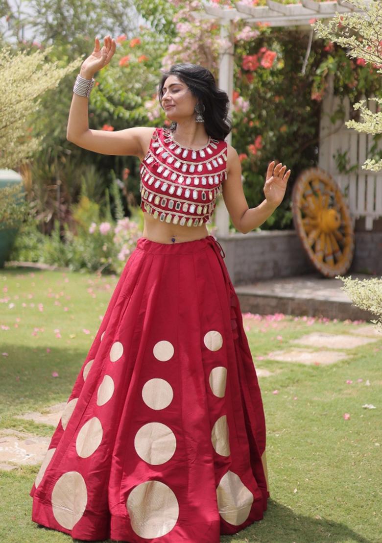 Red Mirror Work Silk Chaniya Choli Set For Navratri And Garba - Indya