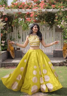 Yellow Mirror Work Silk Chaniya Choli Set For Navratri And Garba