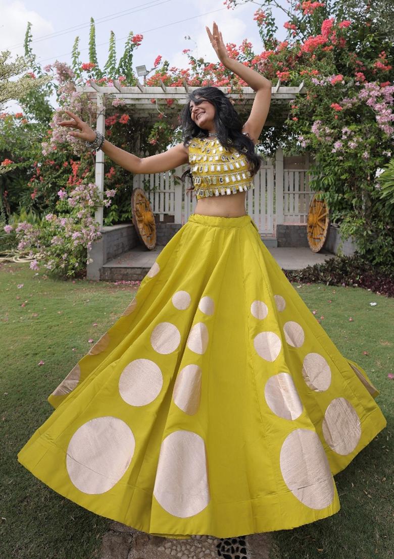Yellow Mirror Work Silk Chaniya Choli Set For Navratri And Garba - Indya