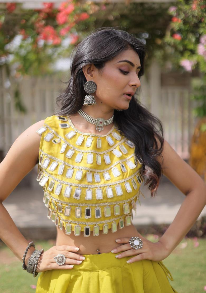 Yellow Mirror Work Silk Chaniya Choli Set For Navratri And Garba - Indya