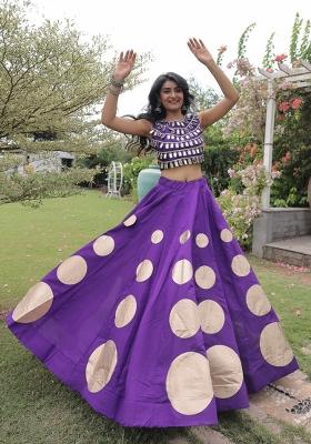 Violet Mirror Work Silk Chaniya Choli Set For Navratri And Garba