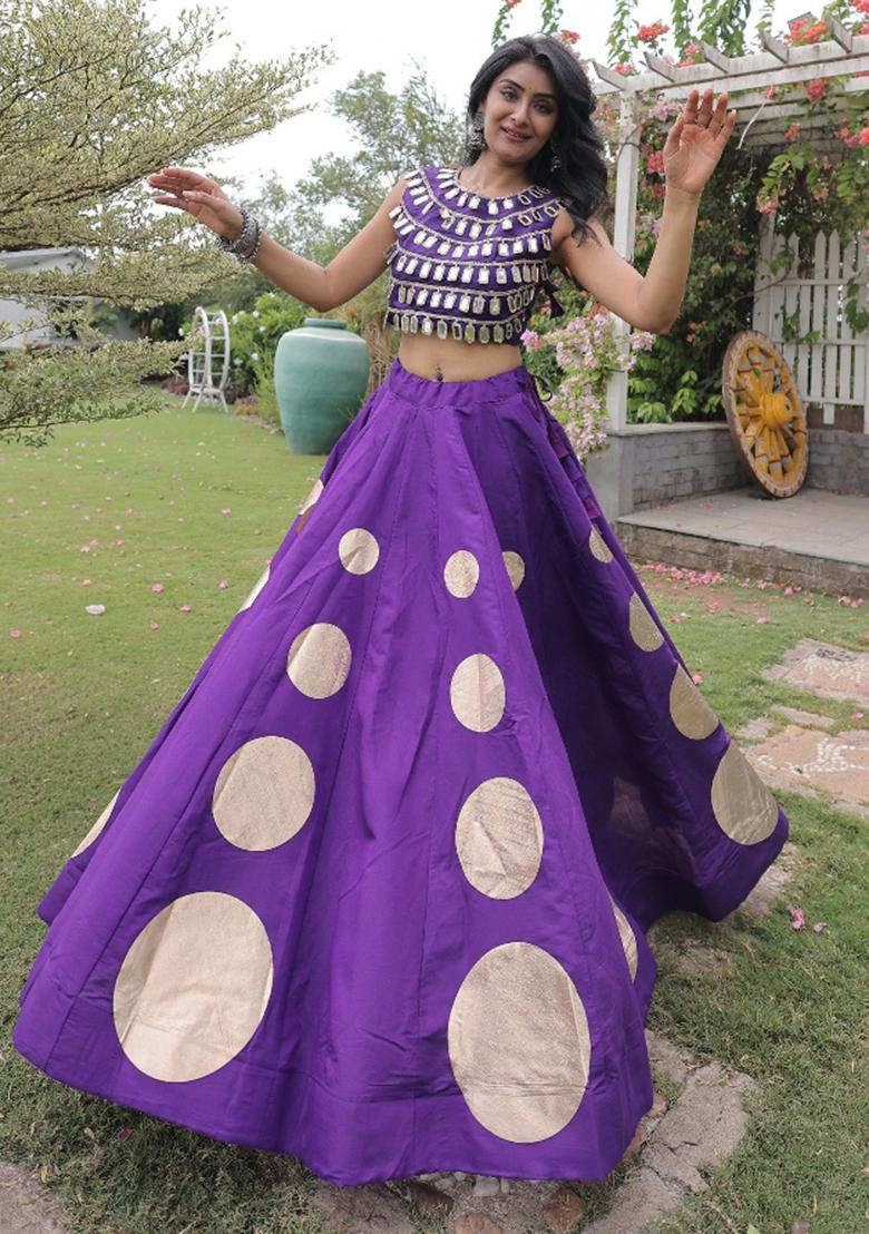 Violet Mirror Work Silk Chaniya Choli Set For Navratri And Garba - Indya