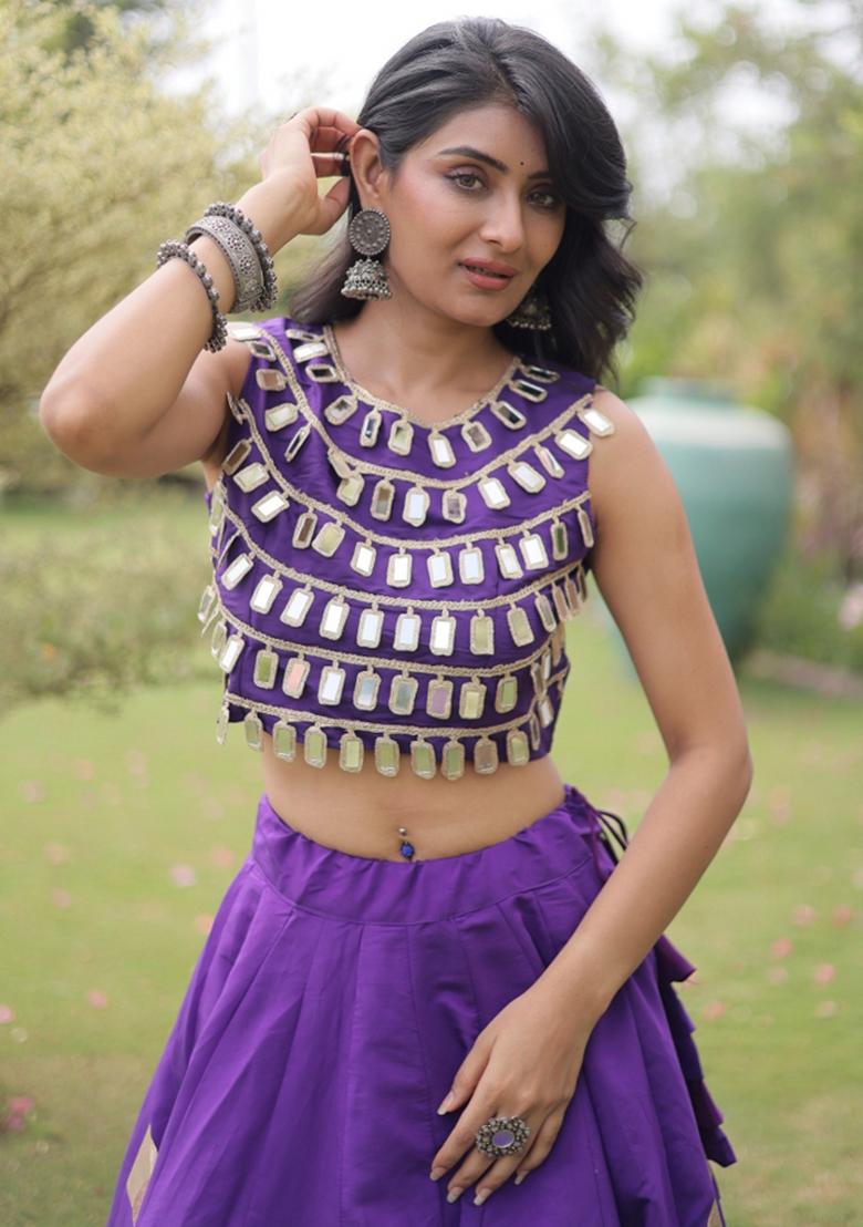 Violet Mirror Work Silk Chaniya Choli Set For Navratri And Garba - Indya