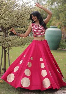 Rani Pink Mirror Work Silk Chaniya Choli Set For Navratri And Garba