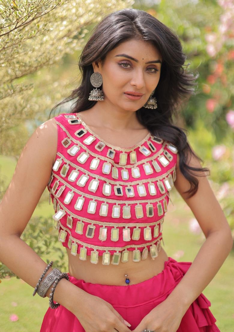 Rani Pink Mirror Work Silk Chaniya Choli Set For Navratri And Garba - Indya