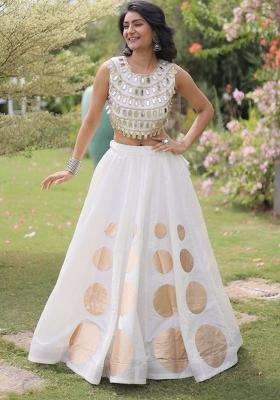 White Mirror Work Silk Chaniya Choli Set For Navratri And Garba