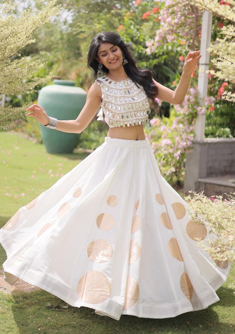 White Mirror Work Silk Chaniya Choli Set For Navratri And Garba - Indya