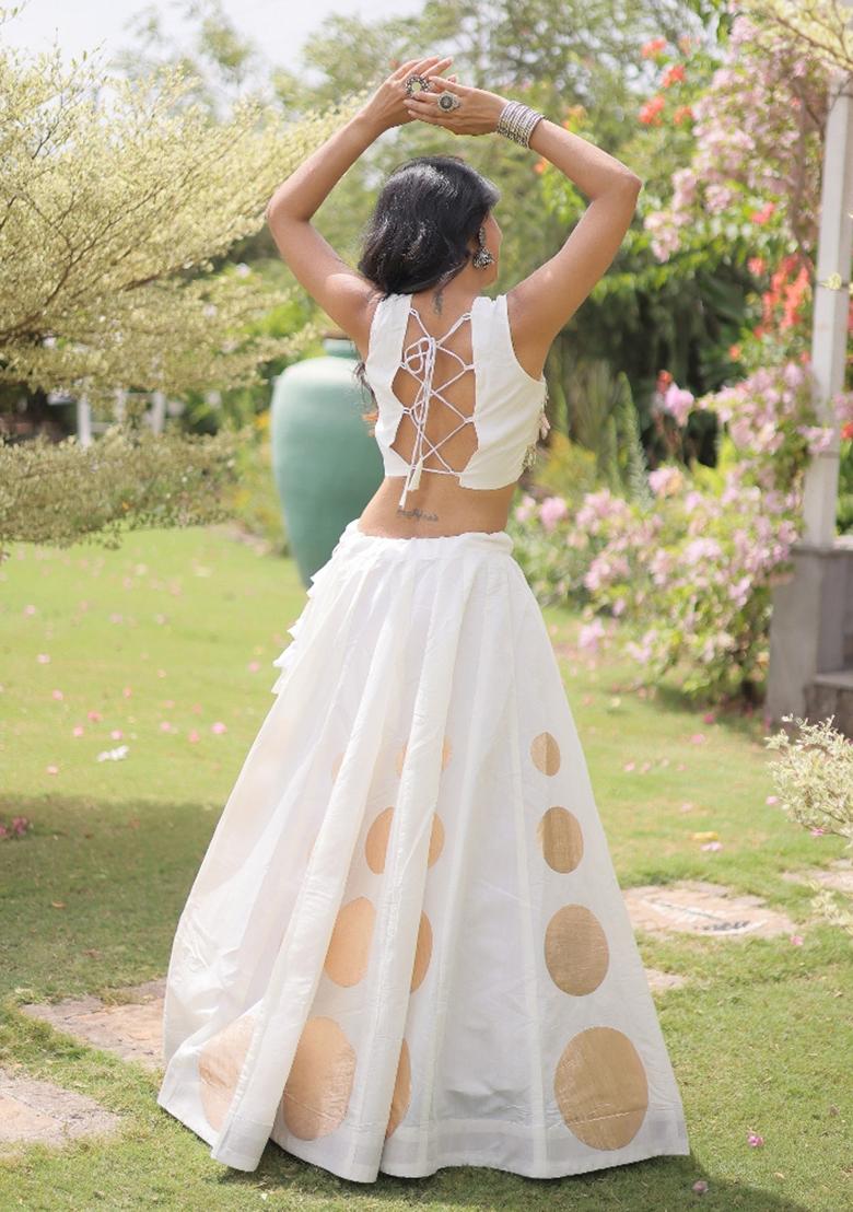 White Mirror Work Silk Chaniya Choli Set For Navratri And Garba - Indya