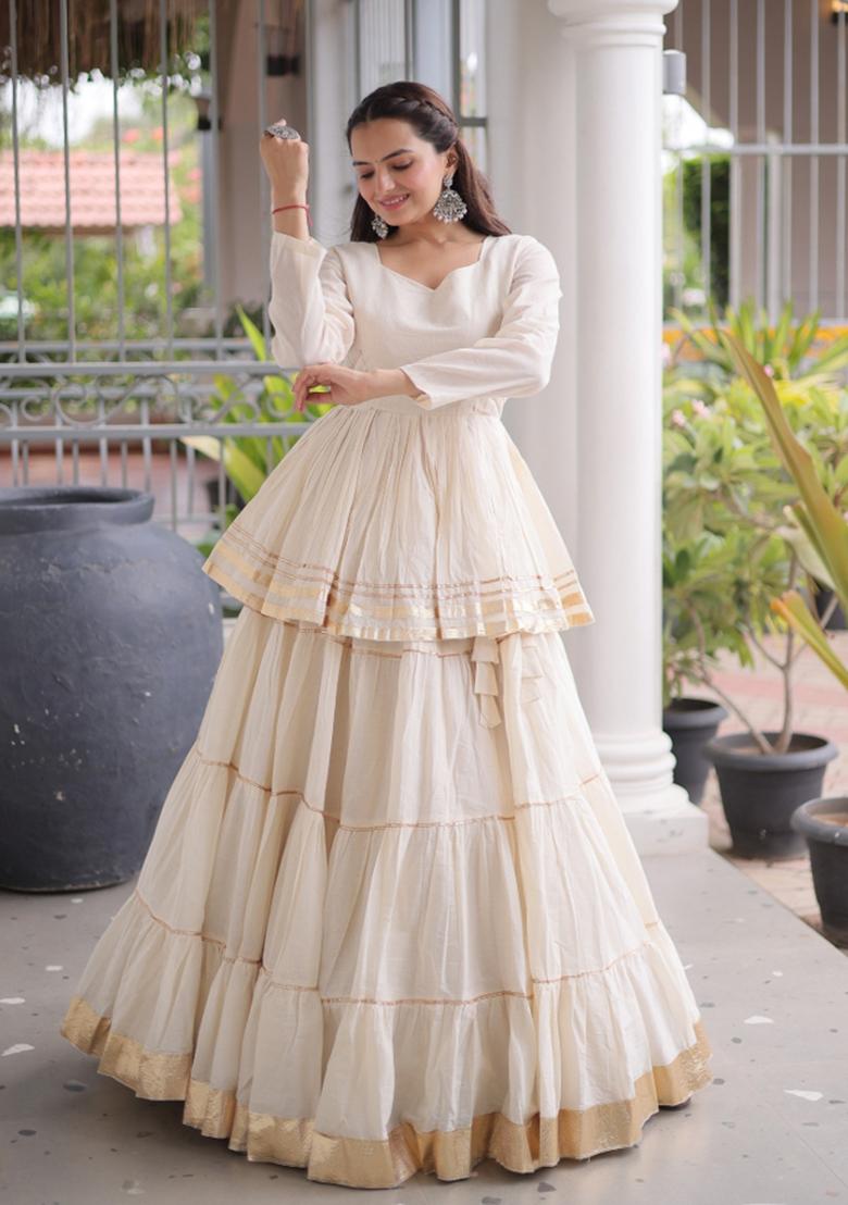 White Lace Work Cotton Chaniya Choli Set For Navratri And Garba - Indya