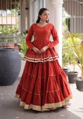 Orange Lace Work Cotton Chaniya Choli Set For Navratri And Garba