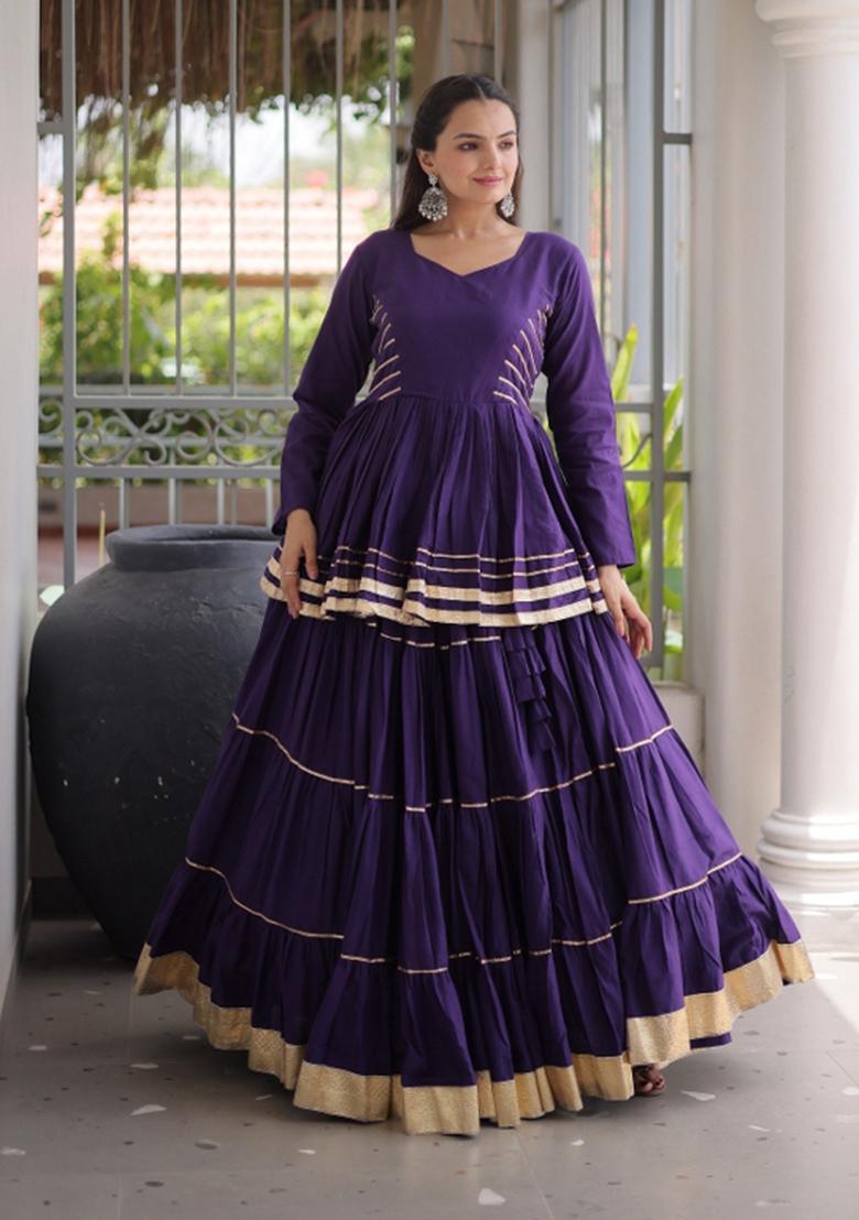 Violet Lace Work Cotton Chaniya Choli Set For Navratri And Garba - Indya
