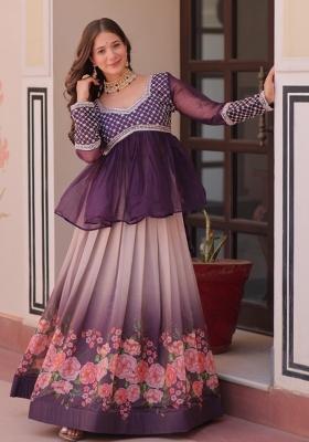 Violet Embroidery Silk Chaniya Choli Set For Navratri And Garba