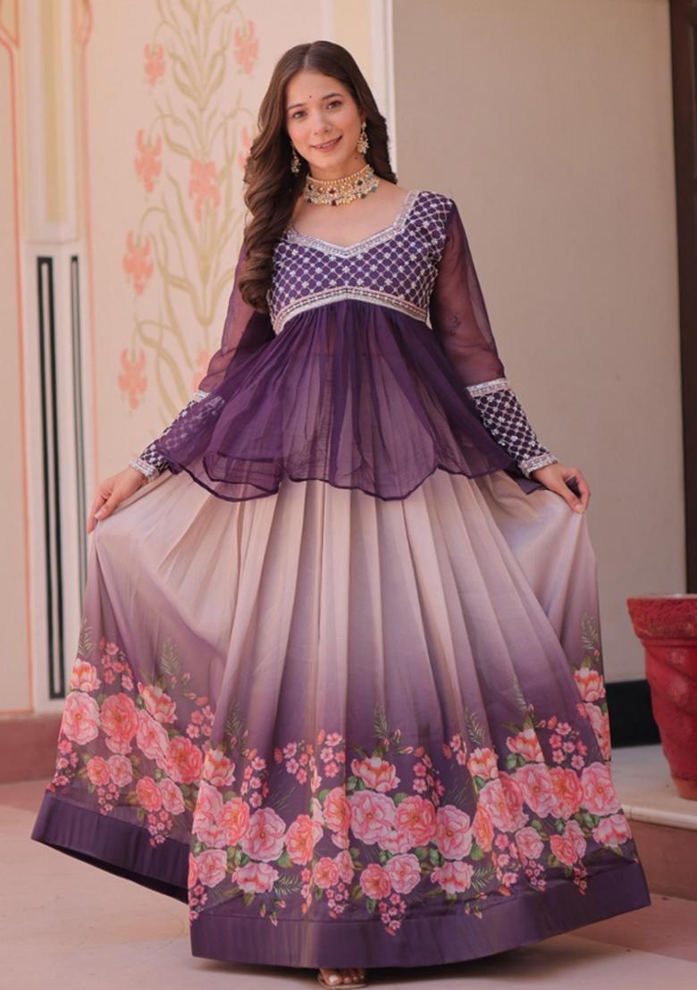 Violet Embroidery Silk Chaniya Choli Set For Navratri And Garba - Indya