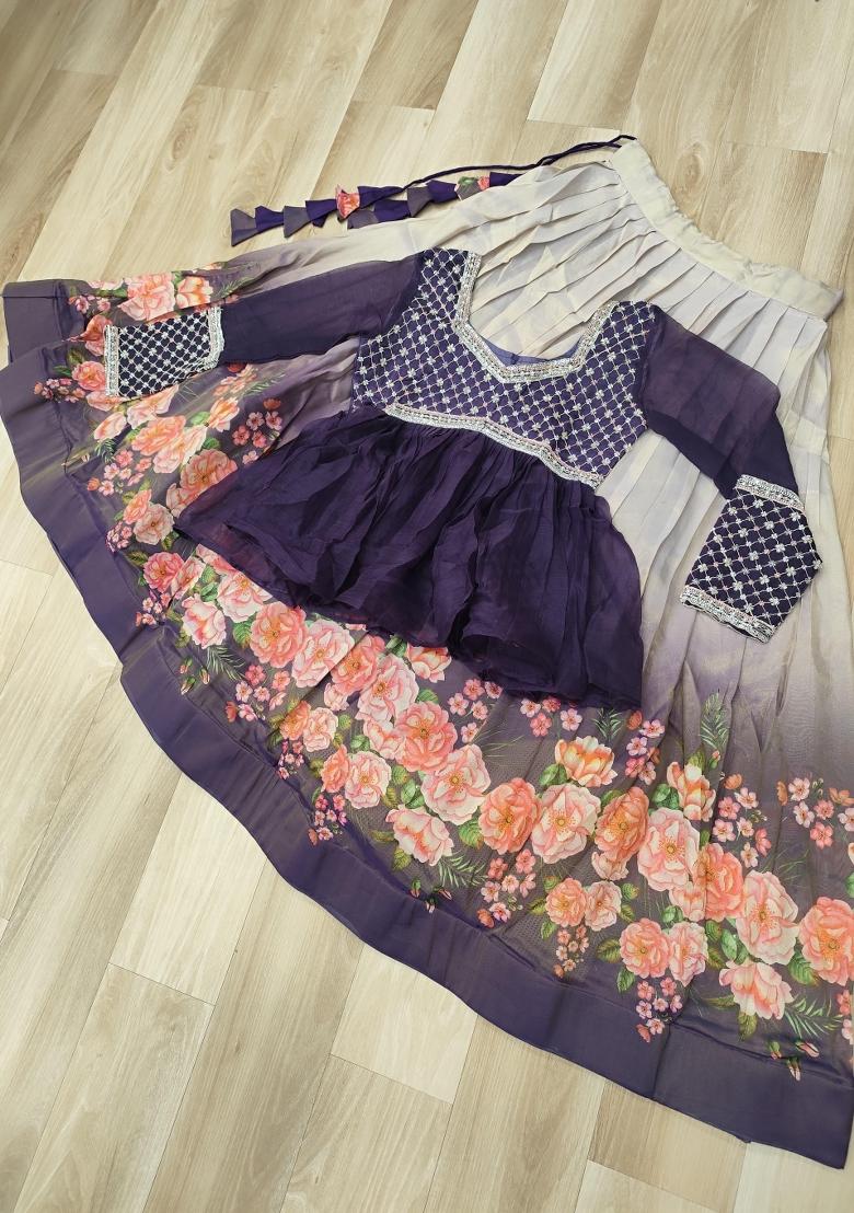Violet Embroidery Silk Chaniya Choli Set For Navratri And Garba - Indya