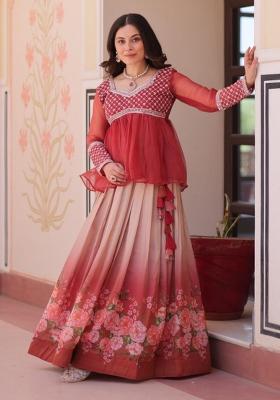 Orange Embroidery Silk Chaniya Choli Set For Navratri And Garba