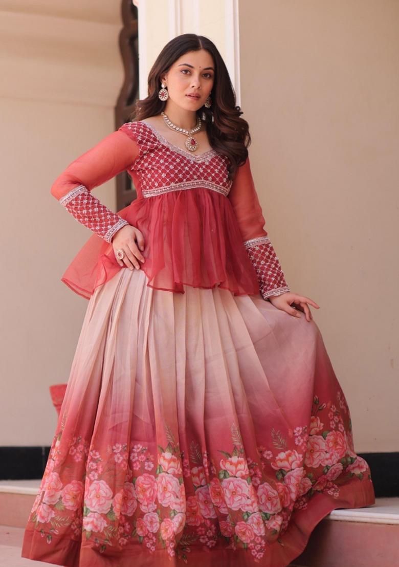 Orange Embroidery Silk Chaniya Choli Set For Navratri And Garba - Indya