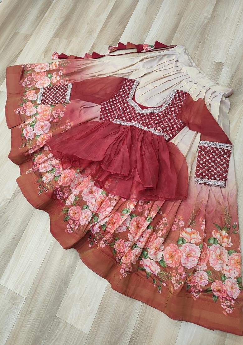 Orange Embroidery Silk Chaniya Choli Set For Navratri And Garba - Indya