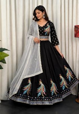 Black Embroidery Silk Chaniya Choli Set For Navratri And Garba