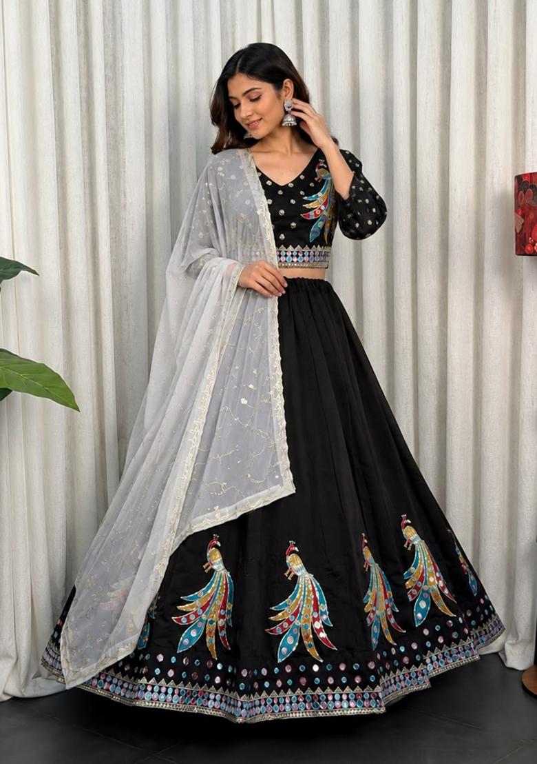 Black Embroidery Silk Chaniya Choli Set For Navratri And Garba - Indya