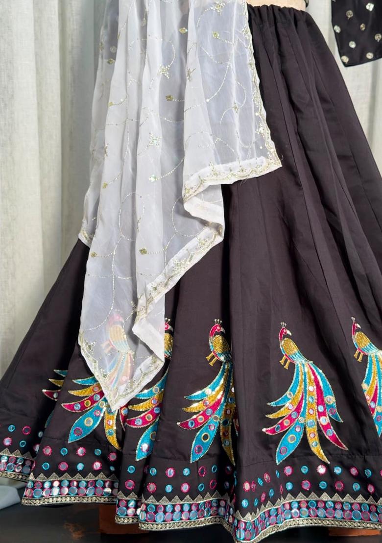 Black Embroidery Silk Chaniya Choli Set For Navratri And Garba - Indya