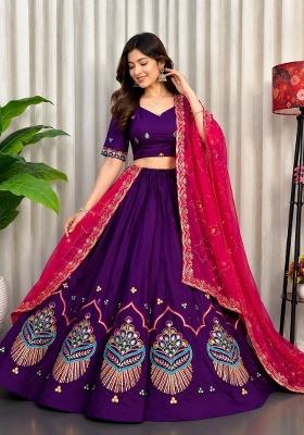 Violet Embroidery Silk Chaniya Choli Set For Navratri And Garba