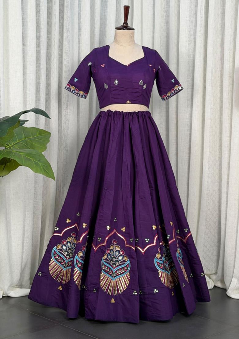 Violet Embroidery Silk Chaniya Choli Set For Navratri And Garba - Indya