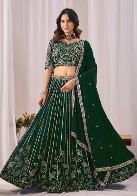 Dark Green Embroidery Georgette Chaniya Choli Set For Navratri And Garba