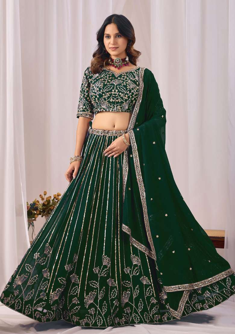 Dark Green Embroidery Georgette Chaniya Choli Set For Navratri And Garba for Diwali | Wedding & Festive Wear - Indya