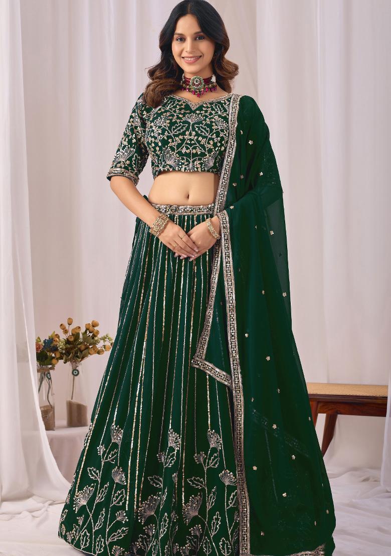 Dark Green Embroidery Georgette Chaniya Choli Set For Navratri And Garba - Indya