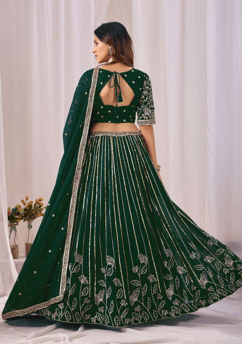 Dark Green Embroidery Georgette Chaniya Choli Set For Navratri And Garba for Diwali | Wedding & Festive Wear - Indya