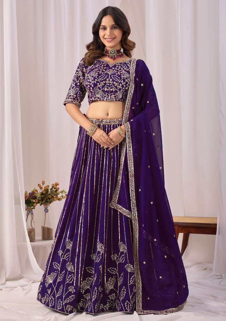Violet Embroidery Georgette Chaniya Choli Set For Navratri And Garba for Diwali and Festive Wear - Indya
