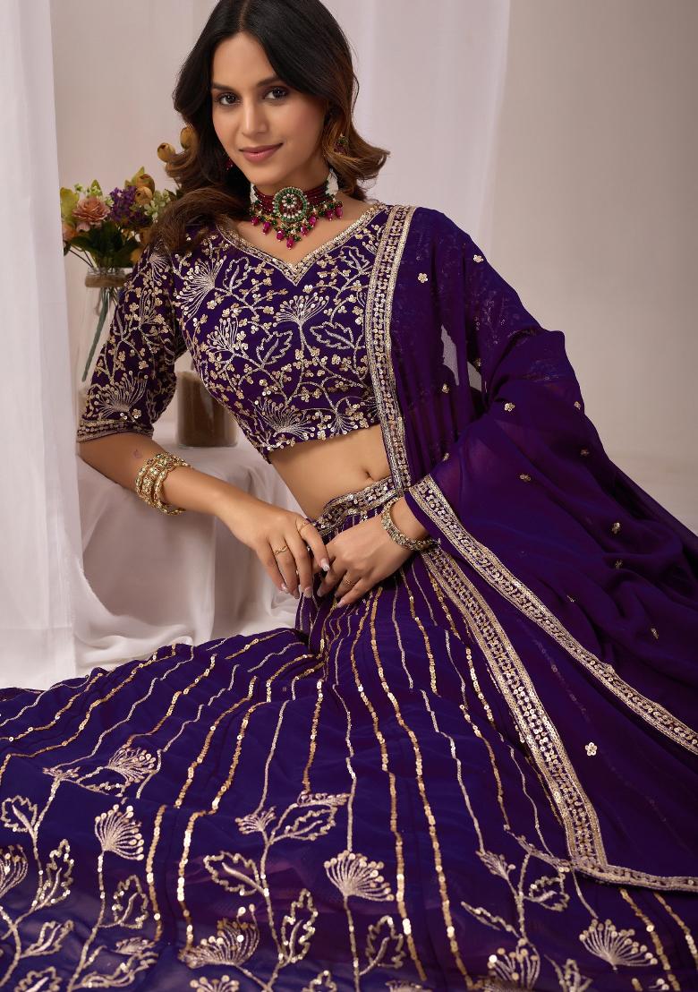 Violet Embroidery Georgette Chaniya Choli Set For Navratri And Garba - Indya