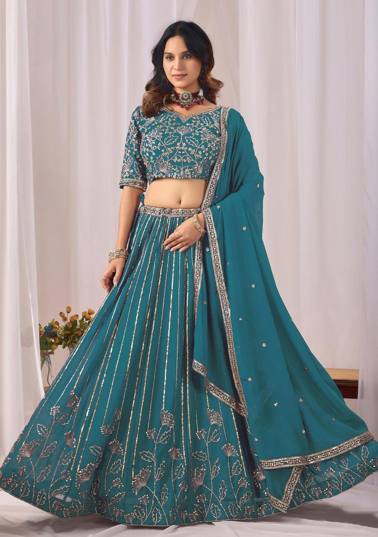 Teal Blue Embroidery Georgette Chaniya Choli Set For Navratri And Garba - Indya