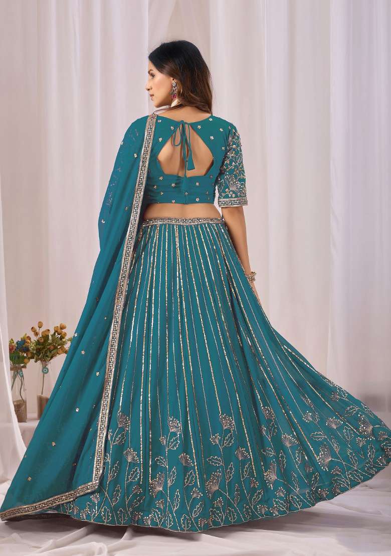 Teal Blue Embroidery Georgette Chaniya Choli Set For Navratri And Garba for Diwali | Wedding & Festive Wear - Indya
