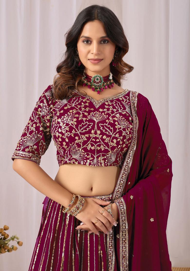 Maroon Embroidery Georgette Chaniya Choli Set For Navratri And Garba - Indya