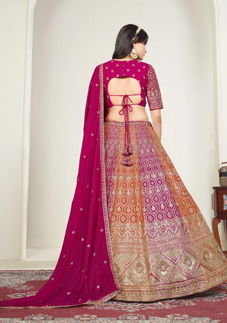 Rani Pink Embroidery Georgette Chaniya Choli Set For Navratri And Garba - Indya