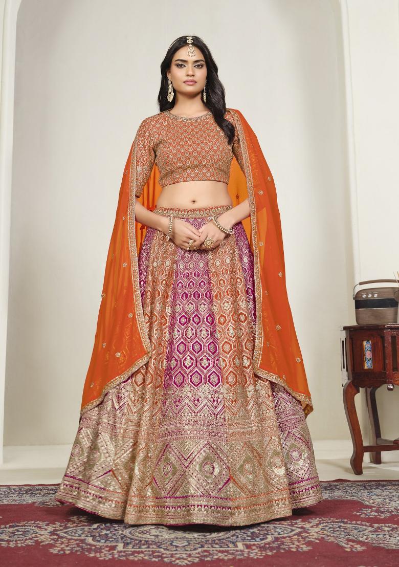 Orange Embroidery Georgette Chaniya Choli Set For Navratri And Garba - Indya